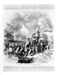 Discovery of America, de John e Sebastian Cabot, 1497, de "Companheiro pictórico da sala de desenho" de Ballou, abril de 1855 de American School